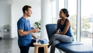 Sportler sitzt entspannt auf einer Therapieliege und spricht mit einer Physiotherapeutin