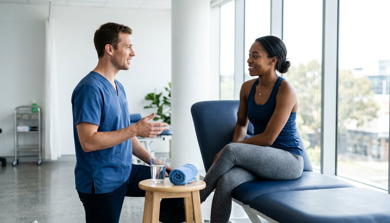 Sportler sitzt entspannt auf einer Therapieliege und spricht mit einer Physiotherapeutin