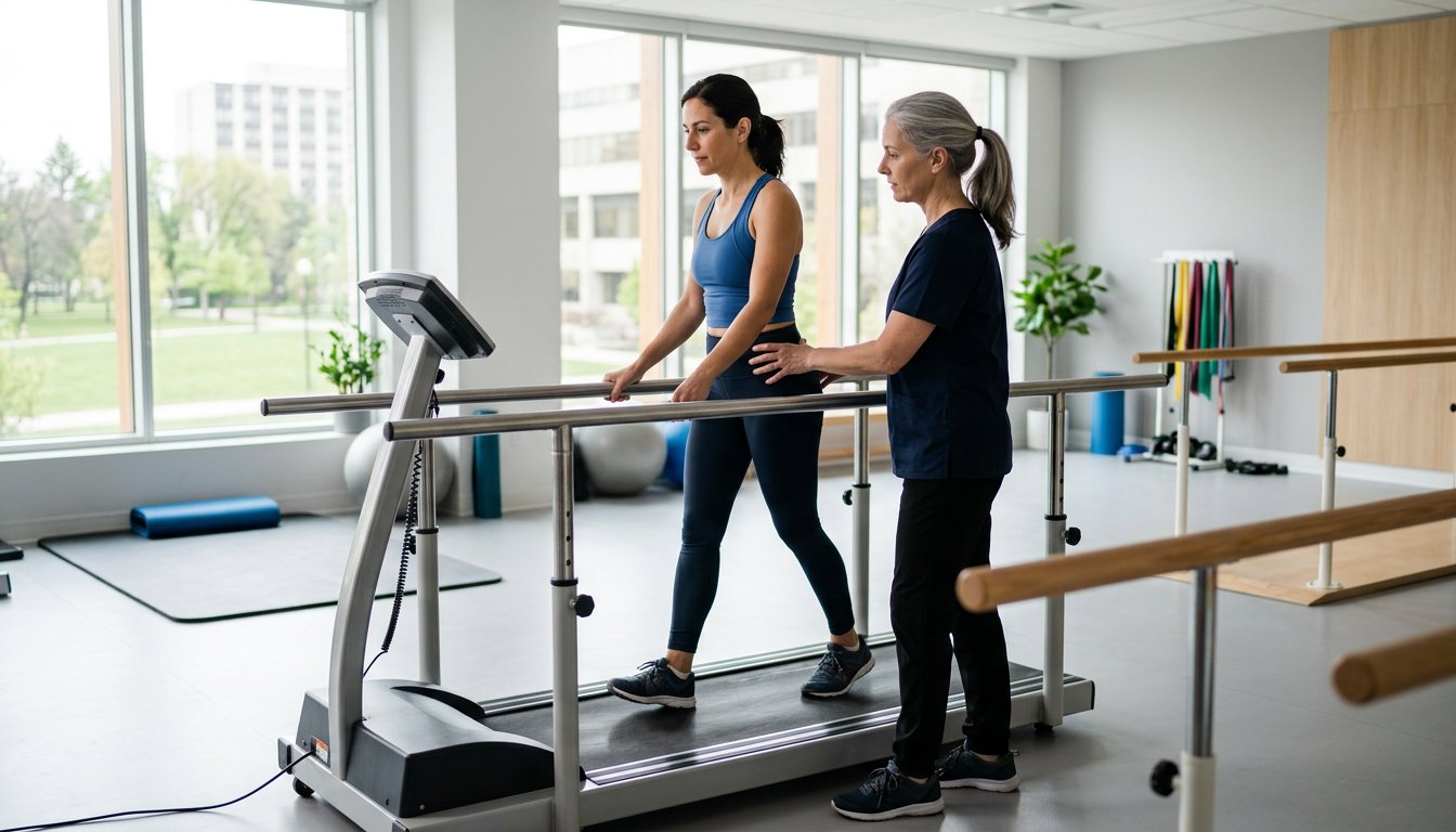 Therapeutin begleitet eine Patientin beim Gehtraining auf einem Laufband mit Haltegriffen