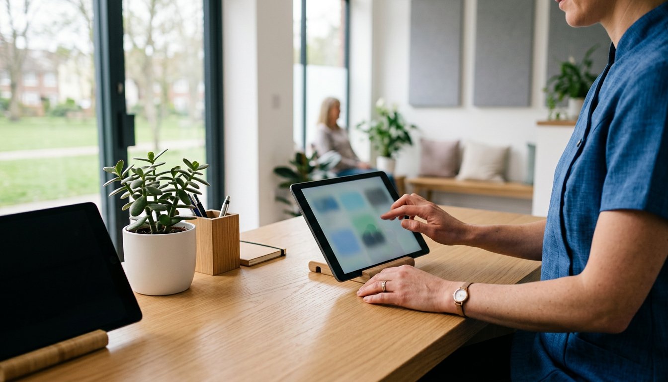 Hände einer Therapeutin bedienen ein Tablet an der Anmeldung einer Physiotherapiepraxis
