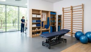 Moderner Therapieraum mit blauer Behandlungsliege, Sprossenwand und geordneter Geräteausstattung