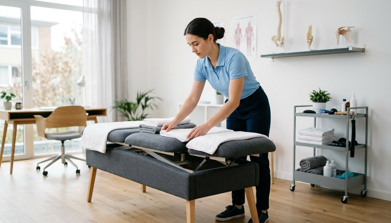 Junge Physiotherapeutin bereitet in einer Praxis den Behandlungsraum vor