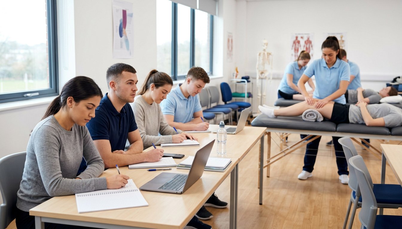 Physiotherapie-Auszubildende im Unterricht, im Hintergrund Übung an der Behandlungsliege