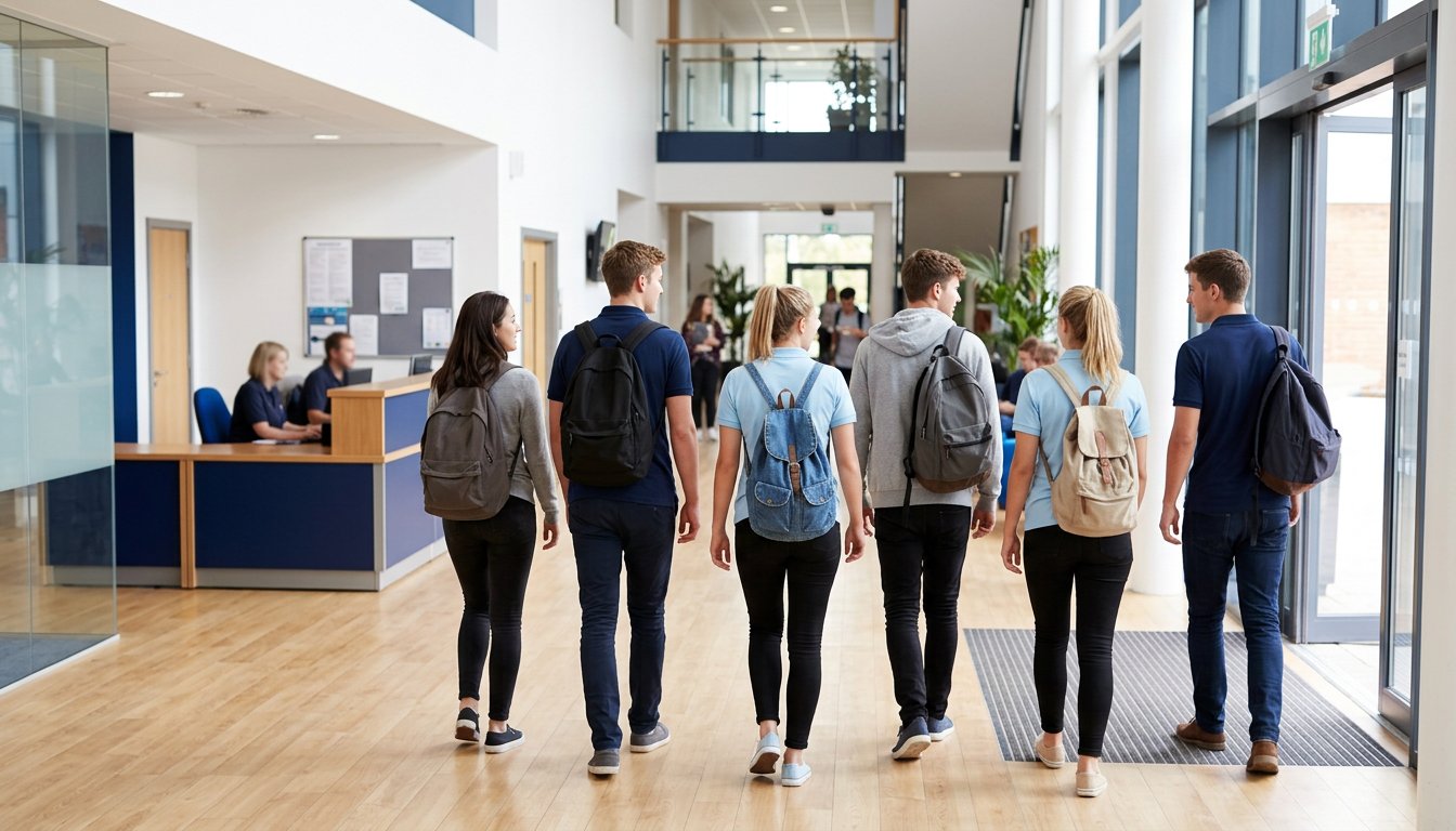 Neue Auszubildende betreten am ersten Tag das Foyer einer Physiotherapieschule