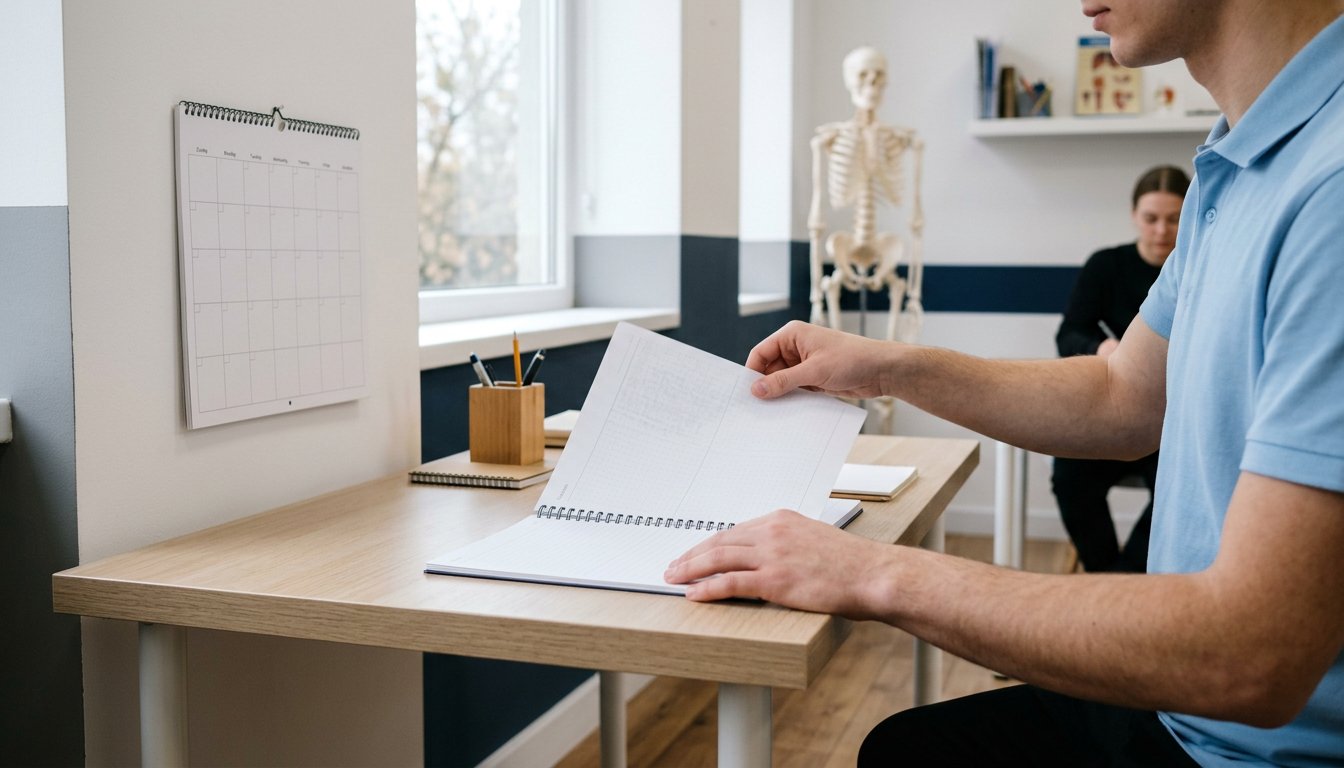 Planer und Kalender auf einem Tisch im Klassenraum einer Physiotherapieschule
