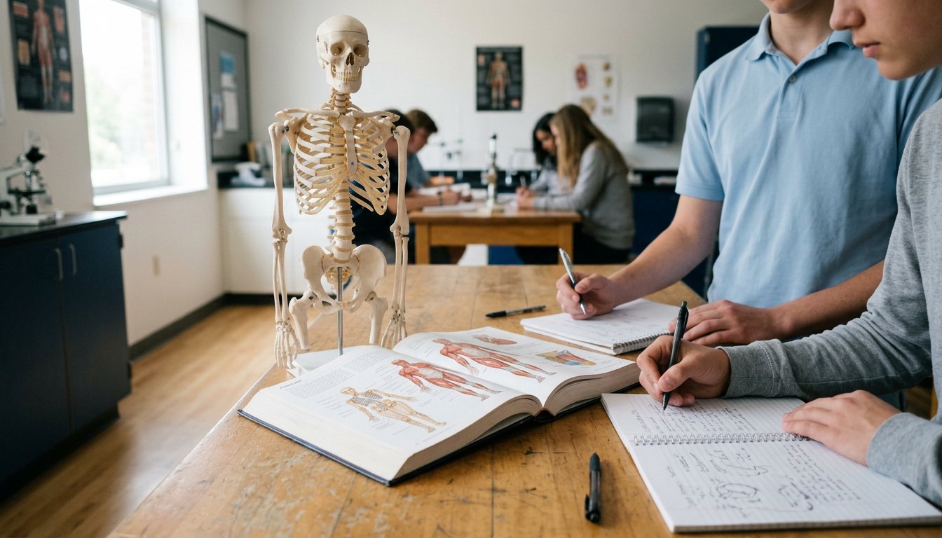 Skelettmodell und Anatomiebuch im Unterrichtsraum einer Physiotherapieschule
