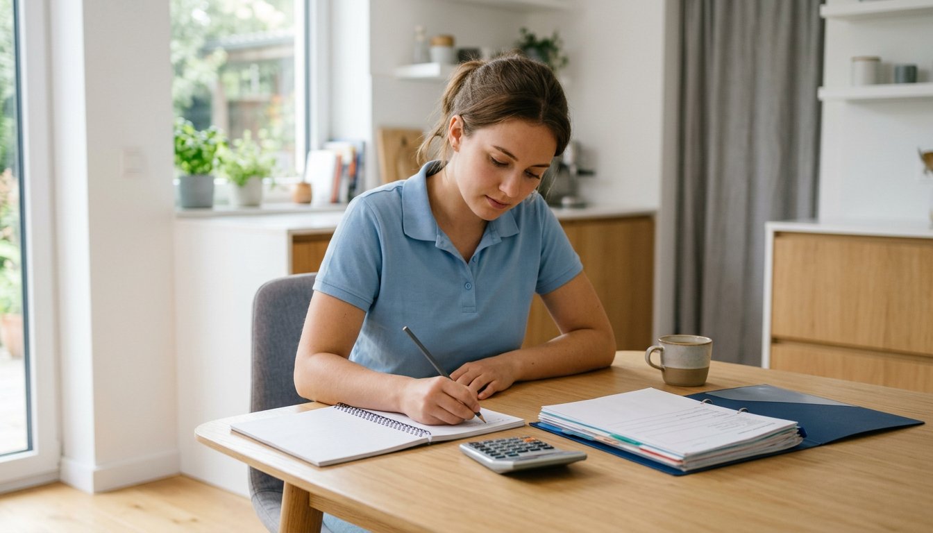 Auszubildender plant mit Notizbuch und Taschenrechner die Kosten der Ausbildung