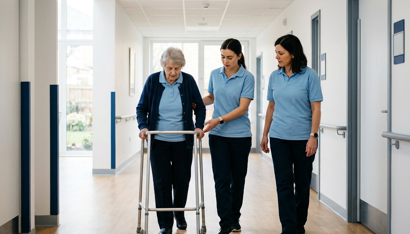 Auszubildende begleitet unter Anleitung einen älteren Patienten beim Gehen im Klinikflur