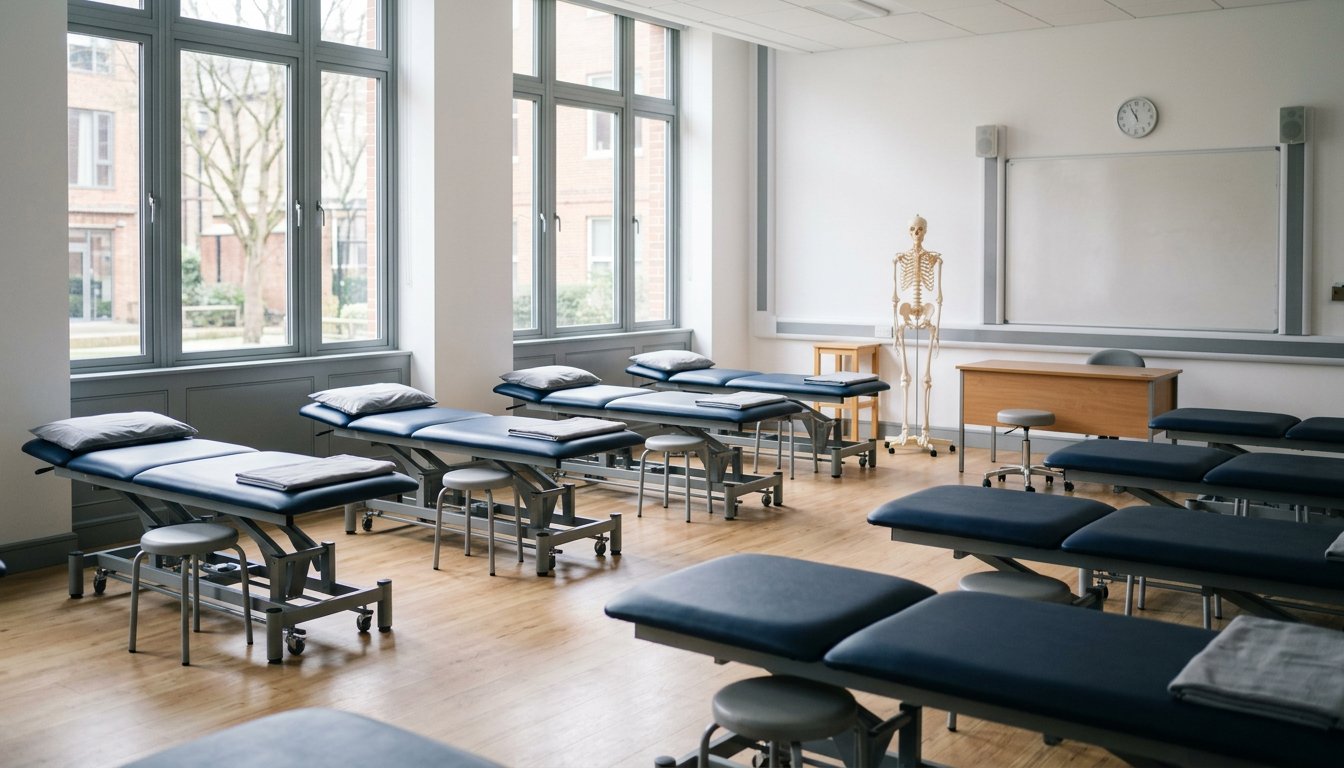 Heller Unterrichtsraum mit Behandlungsliegen in einer Physiotherapieschule