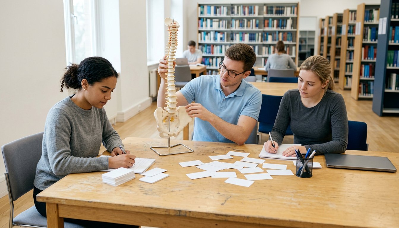 Lerngruppe mit Wirbelsäulenmodell und Karteikarten in der Bibliothek