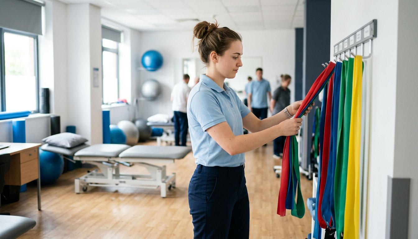 Auszubildende räumt im Therapieraum einer Klinik Übungsbänder weg