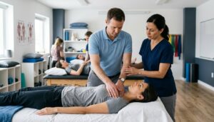Erwachsener Umschüler übt im Praxisunterricht eine Schultertechnik